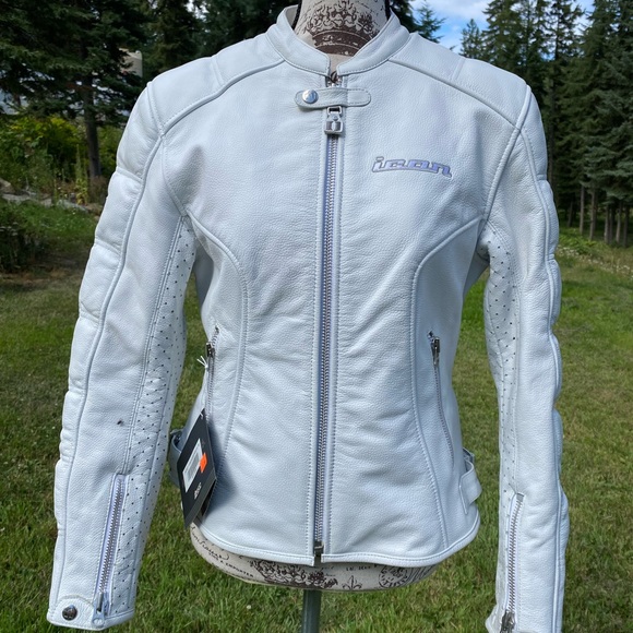 ICON Women's white Leather Jacket sz M with Armor - Picture 1 of 9